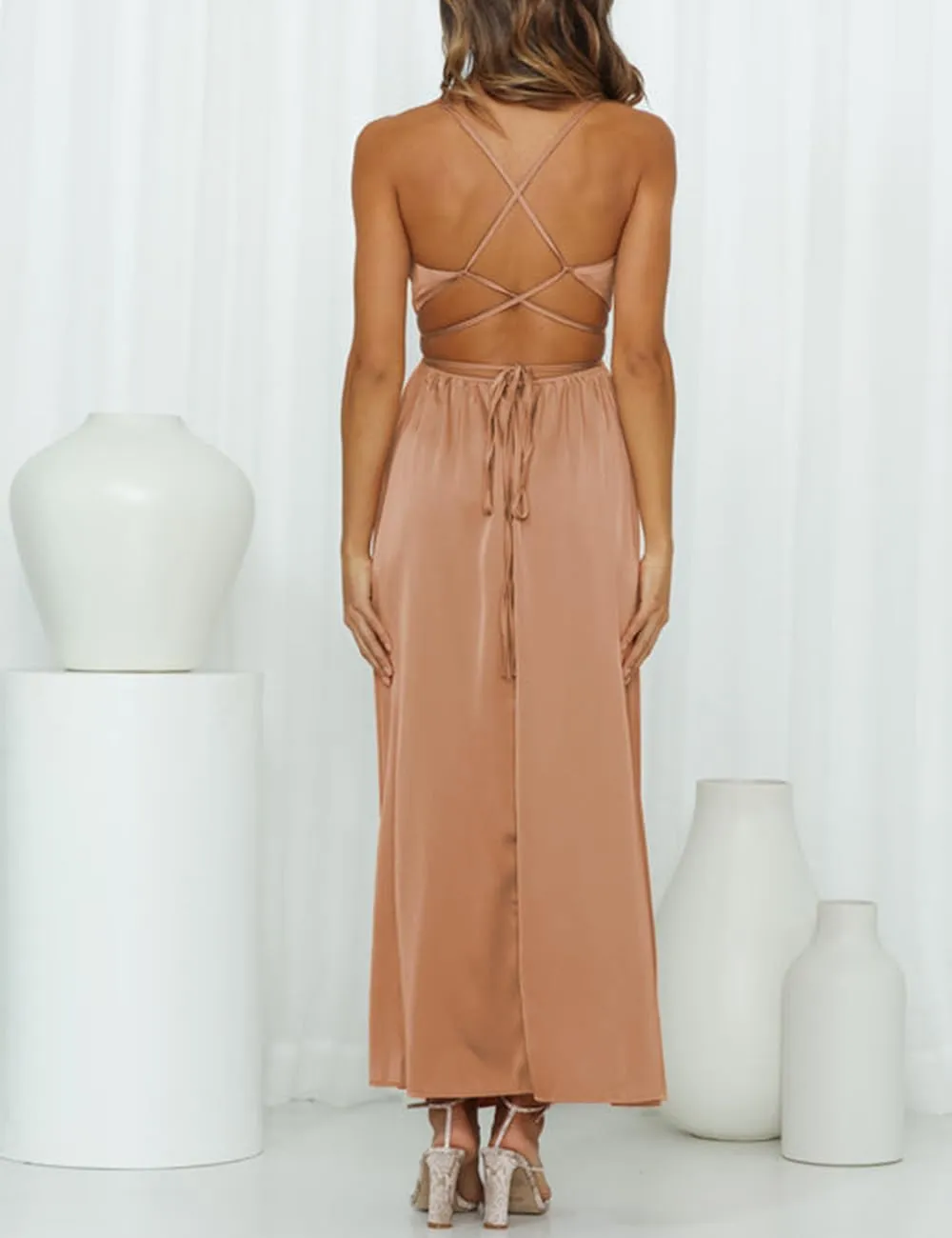 Women's Satin Cowl Neck Backless Maxi Dress Sexy Tie Back Spaghetti Strap Ruched Wedding Guest Slit Long Dresses