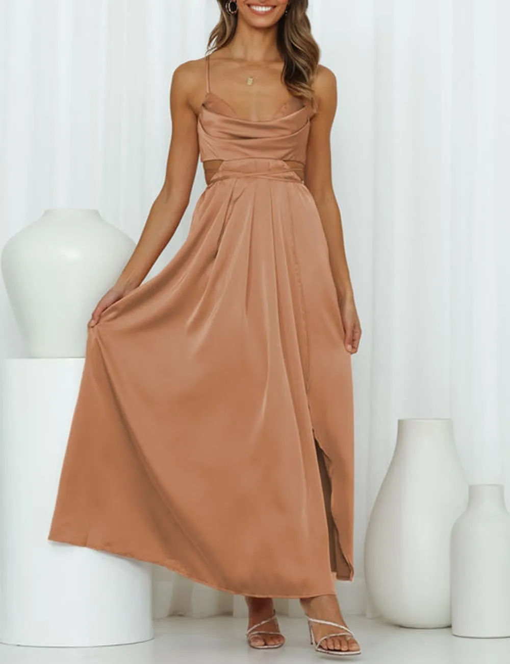 Women's Satin Cowl Neck Backless Maxi Dress Sexy Tie Back Spaghetti Strap Ruched Wedding Guest Slit Long Dresses