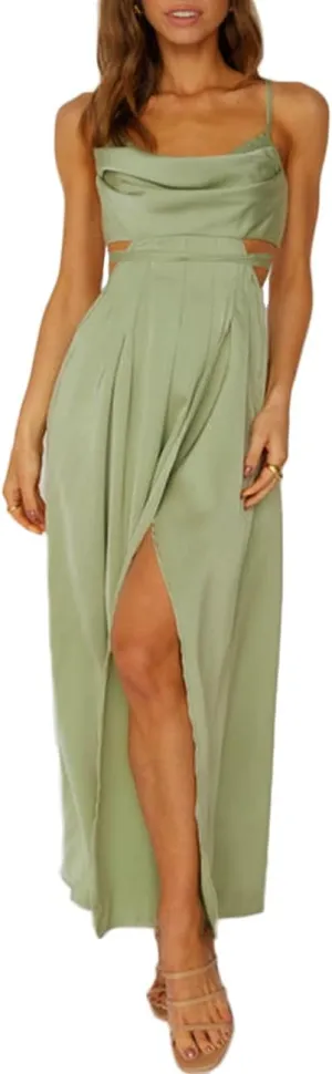 Women's Satin Cowl Neck Backless Maxi Dress Sexy Tie Back Spaghetti Strap Ruched Wedding Guest Slit Long Dresses