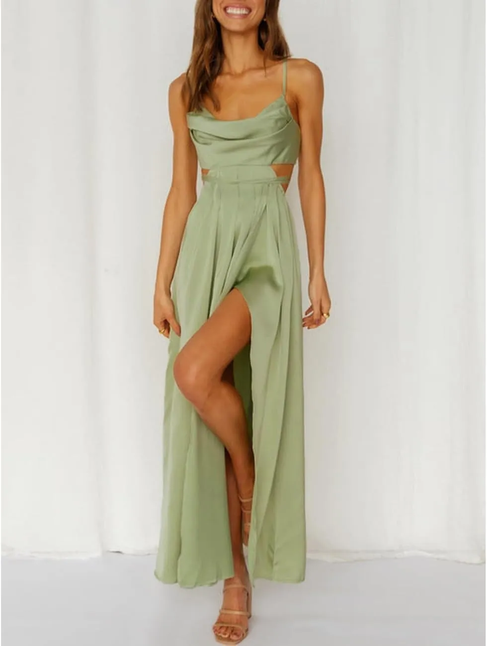 Women's Satin Cowl Neck Backless Maxi Dress Sexy Tie Back Spaghetti Strap Ruched Wedding Guest Slit Long Dresses