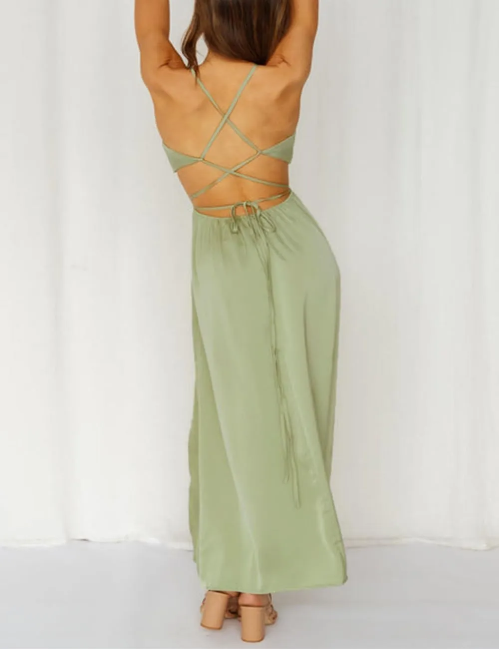 Women's Satin Cowl Neck Backless Maxi Dress Sexy Tie Back Spaghetti Strap Ruched Wedding Guest Slit Long Dresses