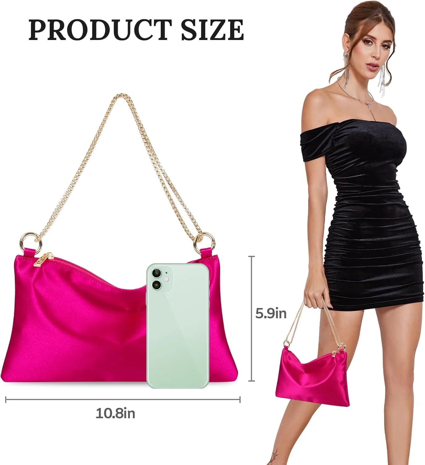 Women’s Satin Evening Bag Clutch Purse Handbag for Women Wedding Shoulder Bag with 2 Chains for Formal Cocktail Party