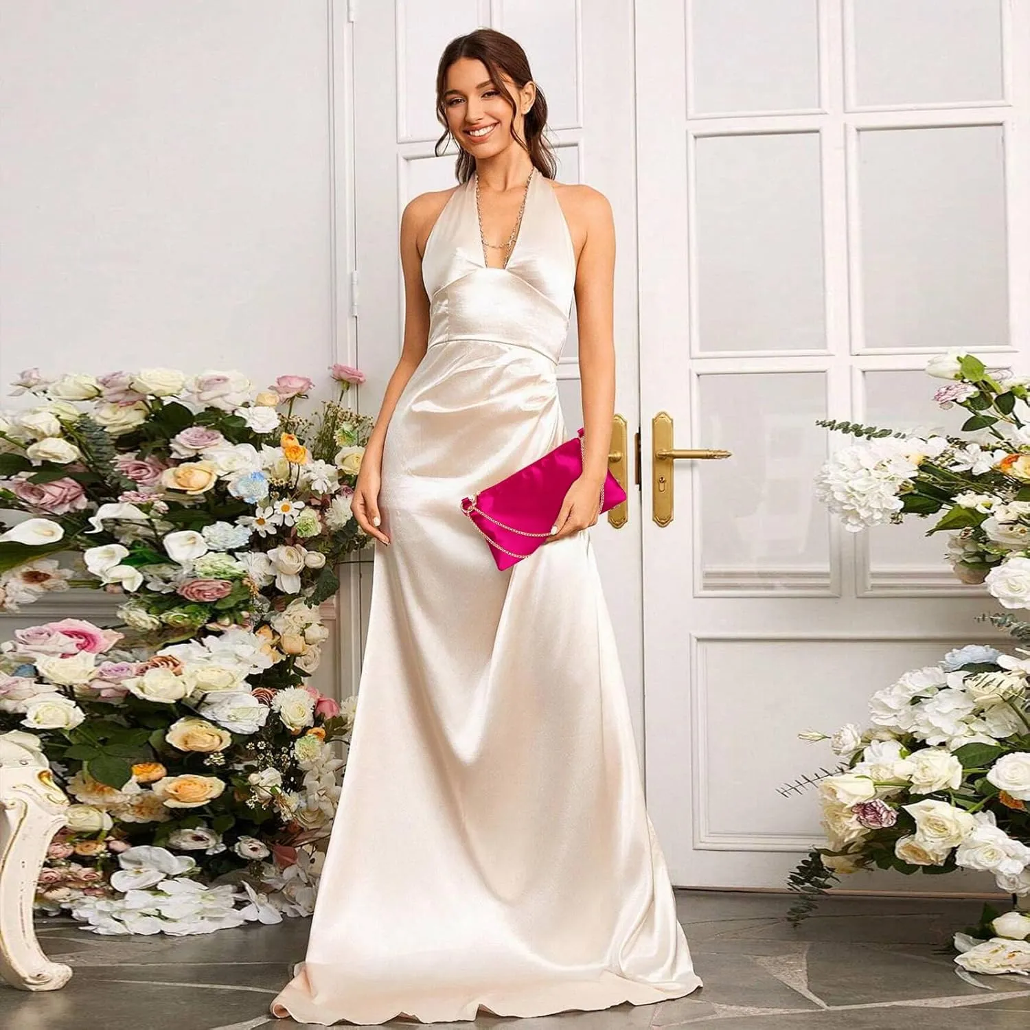 Women’s Satin Evening Bag Clutch Purse Handbag for Women Wedding Shoulder Bag with 2 Chains for Formal Cocktail Party