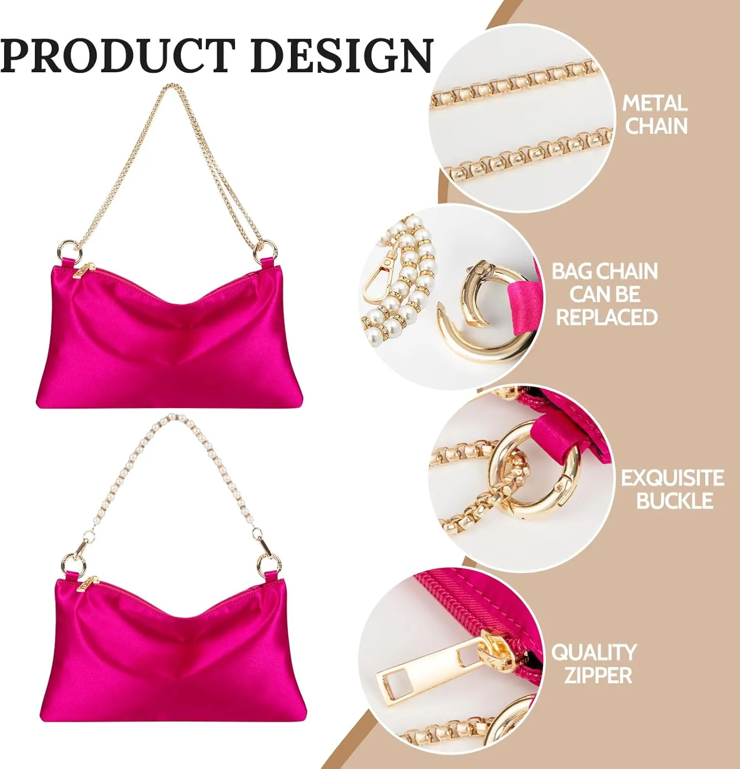 Women’s Satin Evening Bag Clutch Purse Handbag for Women Wedding Shoulder Bag with 2 Chains for Formal Cocktail Party
