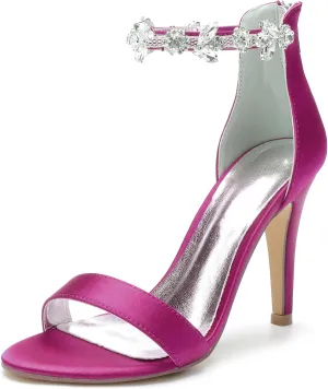 Women's Satin Open Toe Wedding High Heels for Bride Ankle Strap Rhinestones Stiletto Heels for Women Wedding Bridal Shoes
