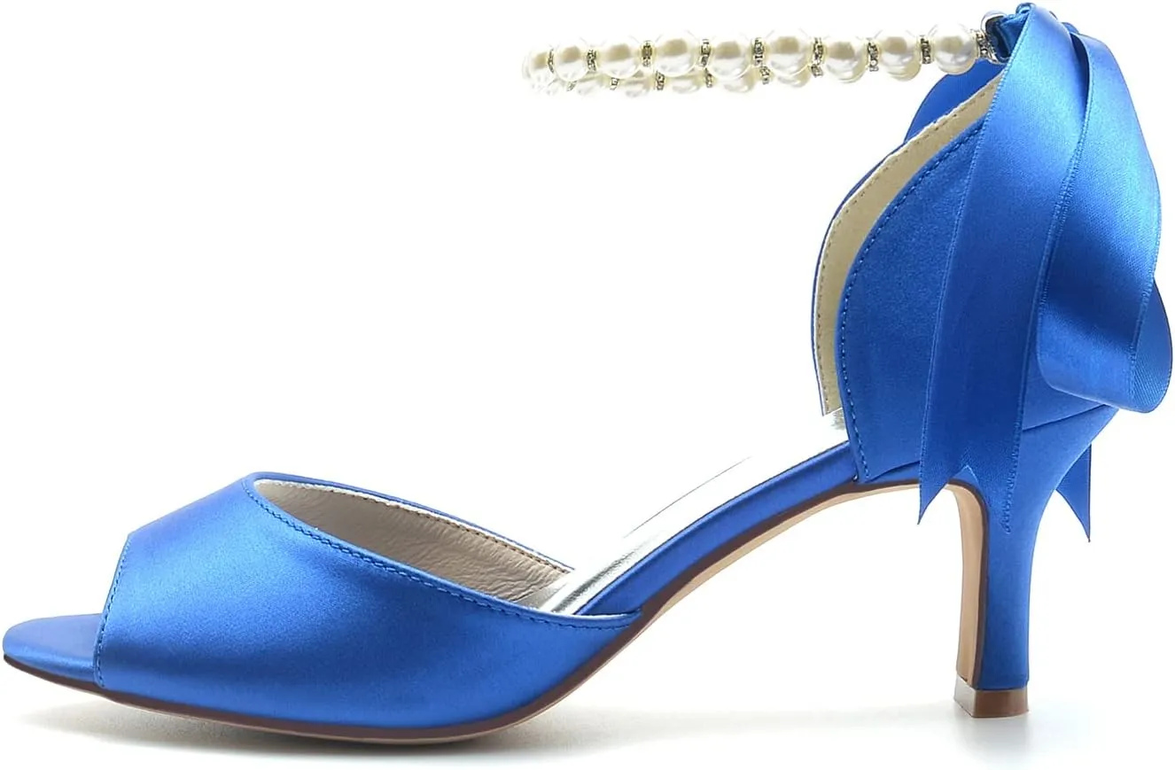 Women's Satin Pearls Pumps Peep Toe Heeled Wedding Shoes for Bride Evening Party Dress Pumps Sandals
