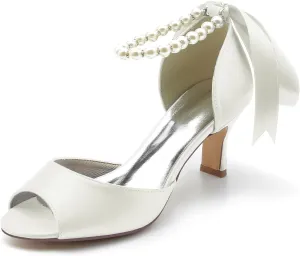 Women's Satin Pearls Pumps Peep Toe Heeled Wedding Shoes for Bride Evening Party Dress Pumps Sandals