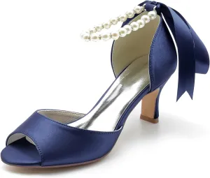 Women's Satin Pearls Pumps Peep Toe Heeled Wedding Shoes for Bride Evening Party Dress Pumps Sandals