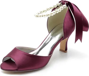Women's Satin Pearls Pumps Peep Toe Heeled Wedding Shoes for Bride Evening Party Dress Pumps Sandals