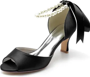 Women's Satin Pearls Pumps Peep Toe Heeled Wedding Shoes for Bride Evening Party Dress Pumps Sandals