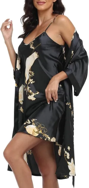 Women's Satin Robe Sets 2 Piece Nightgown Silk Pajama Sexy Floral Lingerie Lace Cami Sleepwear Night Robes
