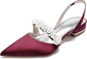 Women's Satin Wedding Flats for Bride Sling Back Pointy Toe Comfy Low Heel Drsssy Bridal Shoes Ladies Shoes