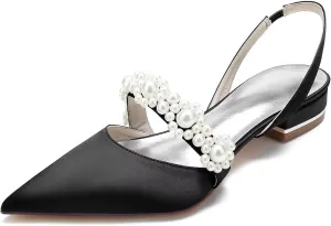 Women's Satin Wedding Flats for Bride Sling Back Pointy Toe Comfy Low Heel Drsssy Bridal Shoes Ladies Shoes