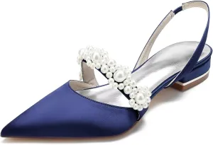 Women's Satin Wedding Flats for Bride Sling Back Pointy Toe Comfy Low Heel Drsssy Bridal Shoes Ladies Shoes