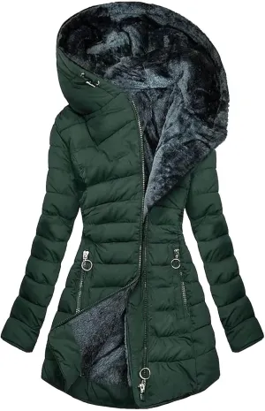 Women's Sherpa Lined Jacket Thick Zip Up Winter Fleece Coats Hooded Mid Long Parka Coat Warm Pocket Outfits