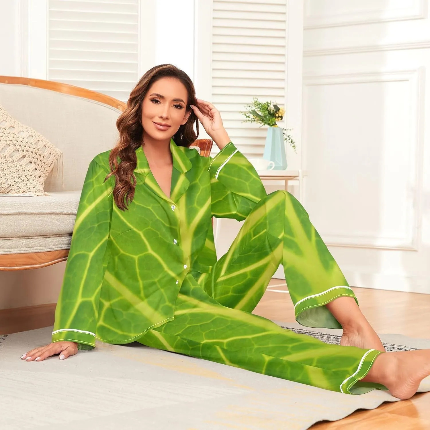 Womens Silk Satin Pajamas Set Green Cabbage Leaf Womens Long Sleeve Button Down Set Sleepwear S-2XL