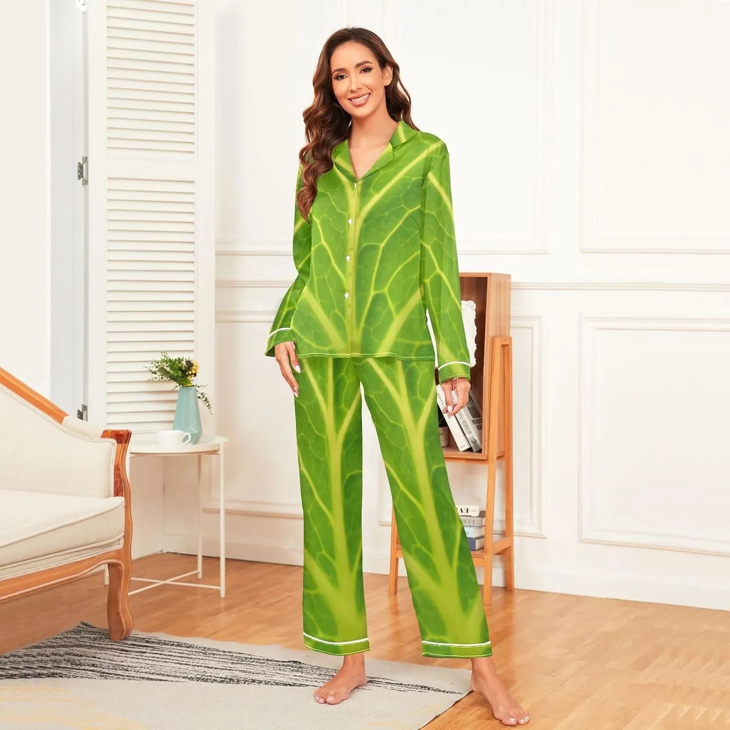 Womens Silk Satin Pajamas Set Green Cabbage Leaf Womens Long Sleeve Button Down Set Sleepwear S-2XL