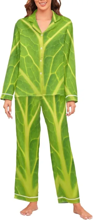 Womens Silk Satin Pajamas Set Green Cabbage Leaf Womens Long Sleeve Button Down Set Sleepwear S-2XL