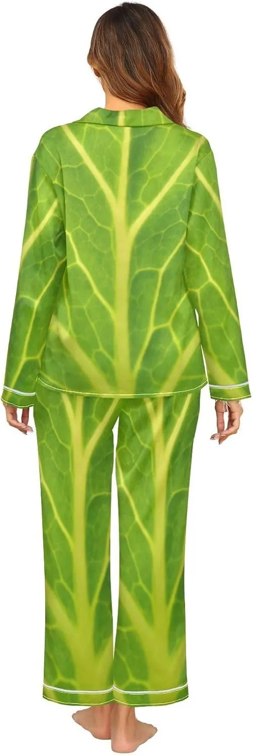 Womens Silk Satin Pajamas Set Green Cabbage Leaf Womens Long Sleeve Button Down Set Sleepwear S-2XL