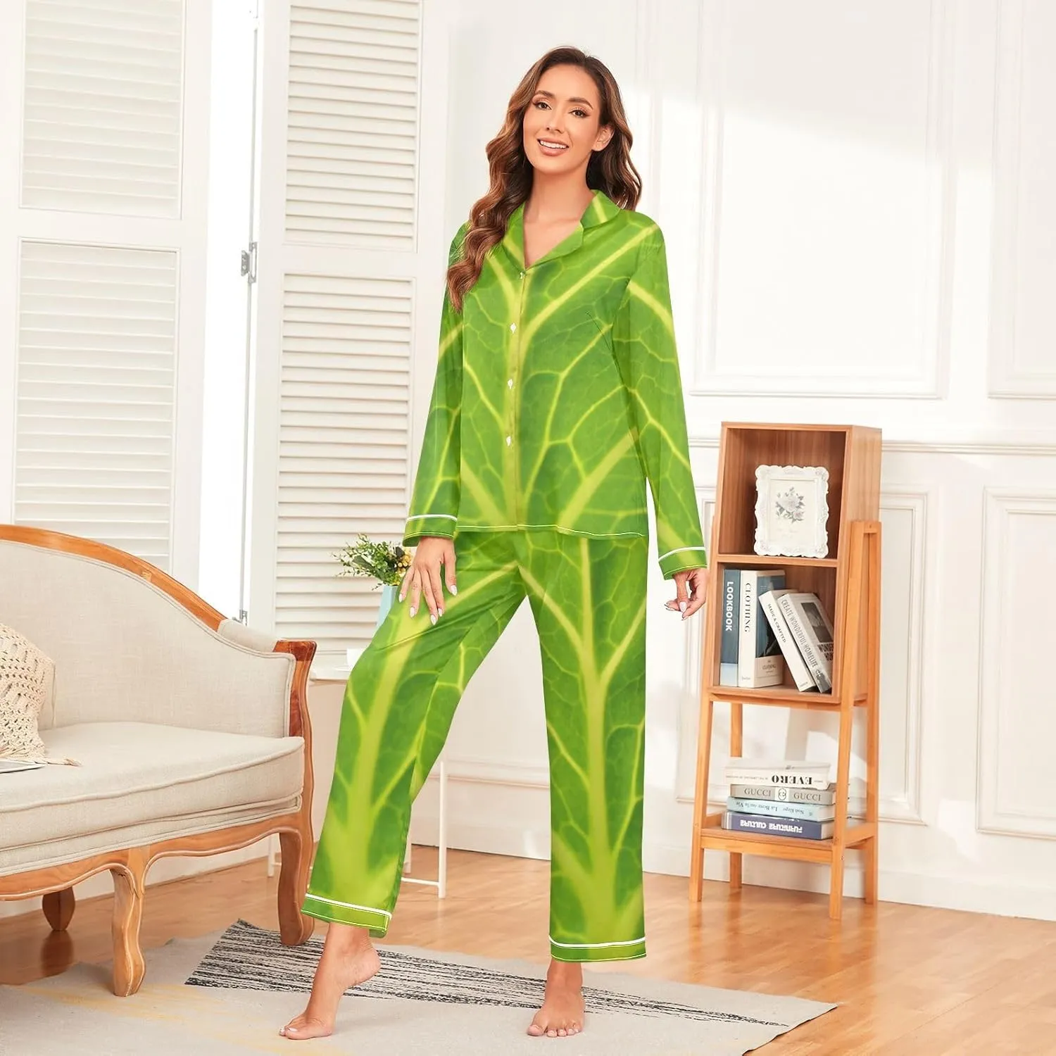 Womens Silk Satin Pajamas Set Green Cabbage Leaf Womens Long Sleeve Button Down Set Sleepwear S-2XL