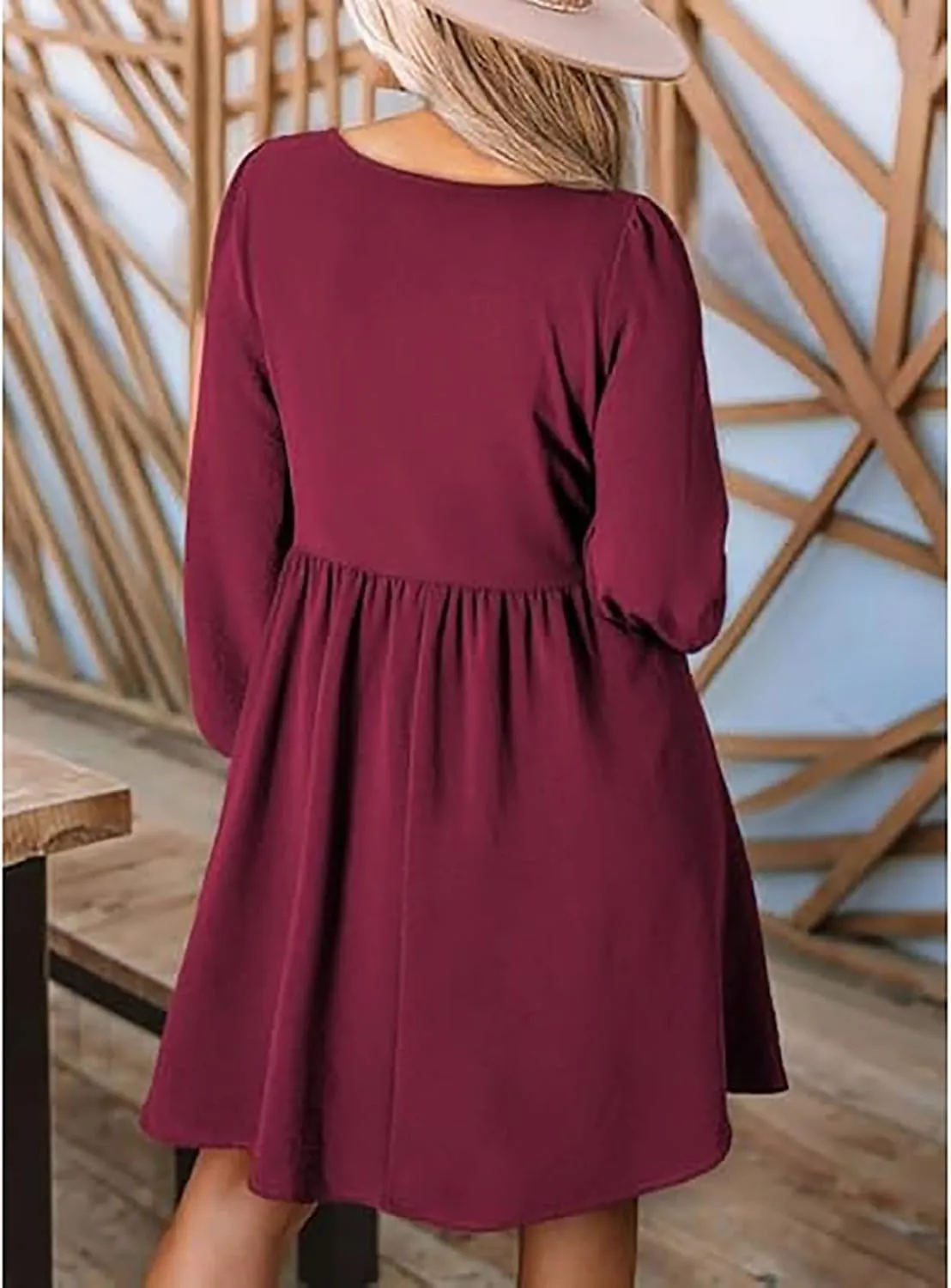 Womens Smocked Crewneck Button Up Long Sleeve Empire Waist A-Line Mini Dress 2025 Casual Swing Dresses