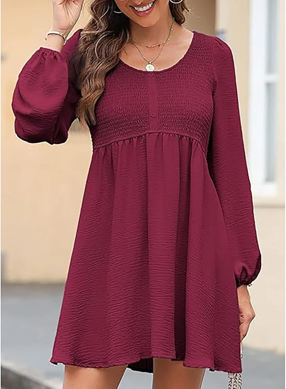 Womens Smocked Crewneck Button Up Long Sleeve Empire Waist A-Line Mini Dress 2025 Casual Swing Dresses