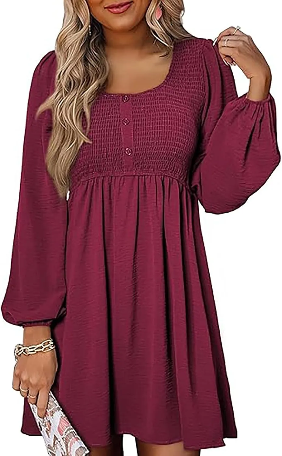 Womens Smocked Crewneck Button Up Long Sleeve Empire Waist A-Line Mini Dress 2025 Casual Swing Dresses