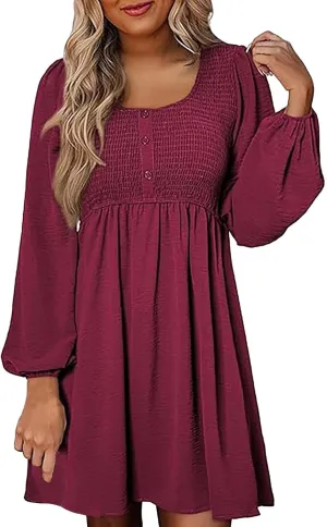 Womens Smocked Crewneck Button Up Long Sleeve Empire Waist A-Line Mini Dress 2025 Casual Swing Dresses