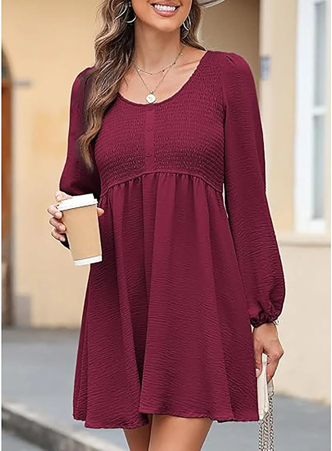 Womens Smocked Crewneck Button Up Long Sleeve Empire Waist A-Line Mini Dress 2025 Casual Swing Dresses