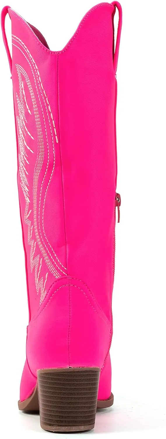 Women's Solid Color Suede Embroidered Side Zipper High Heeled Boots With Sloping Heels, Versatile Trendy, Cowboy Boot
