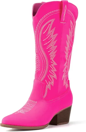Women's Solid Color Suede Embroidered Side Zipper High Heeled Boots With Sloping Heels, Versatile Trendy, Cowboy Boot