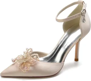 Women's Stiletto High Heel Bridal Shoes Satin Flower Pearls Closed Toe Wedding Dress Pumps Ankle Strap Prom Party Sandals