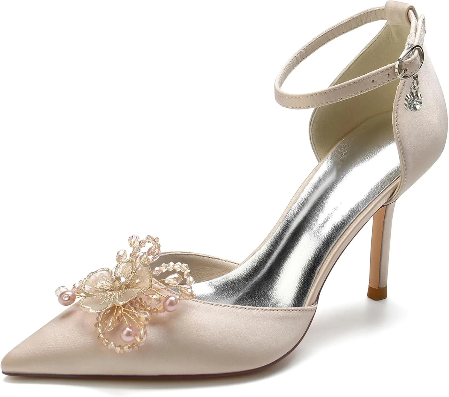 Women's Stiletto High Heel Bridal Shoes Satin Flower Pearls Closed Toe Wedding Dress Pumps Ankle Strap Prom Party Sandals
