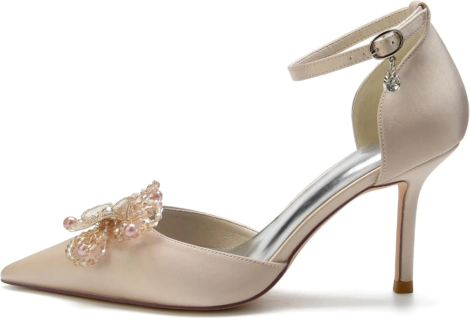 Women's Stiletto High Heel Bridal Shoes Satin Flower Pearls Closed Toe Wedding Dress Pumps Ankle Strap Prom Party Sandals