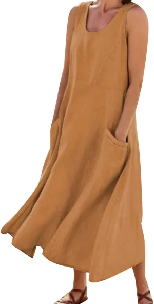 Women's Summer Cotton Linen Long Dress Sleeveless Elegant Flowy Dresses Plus Size Loose Comfy Dresses with Pockets