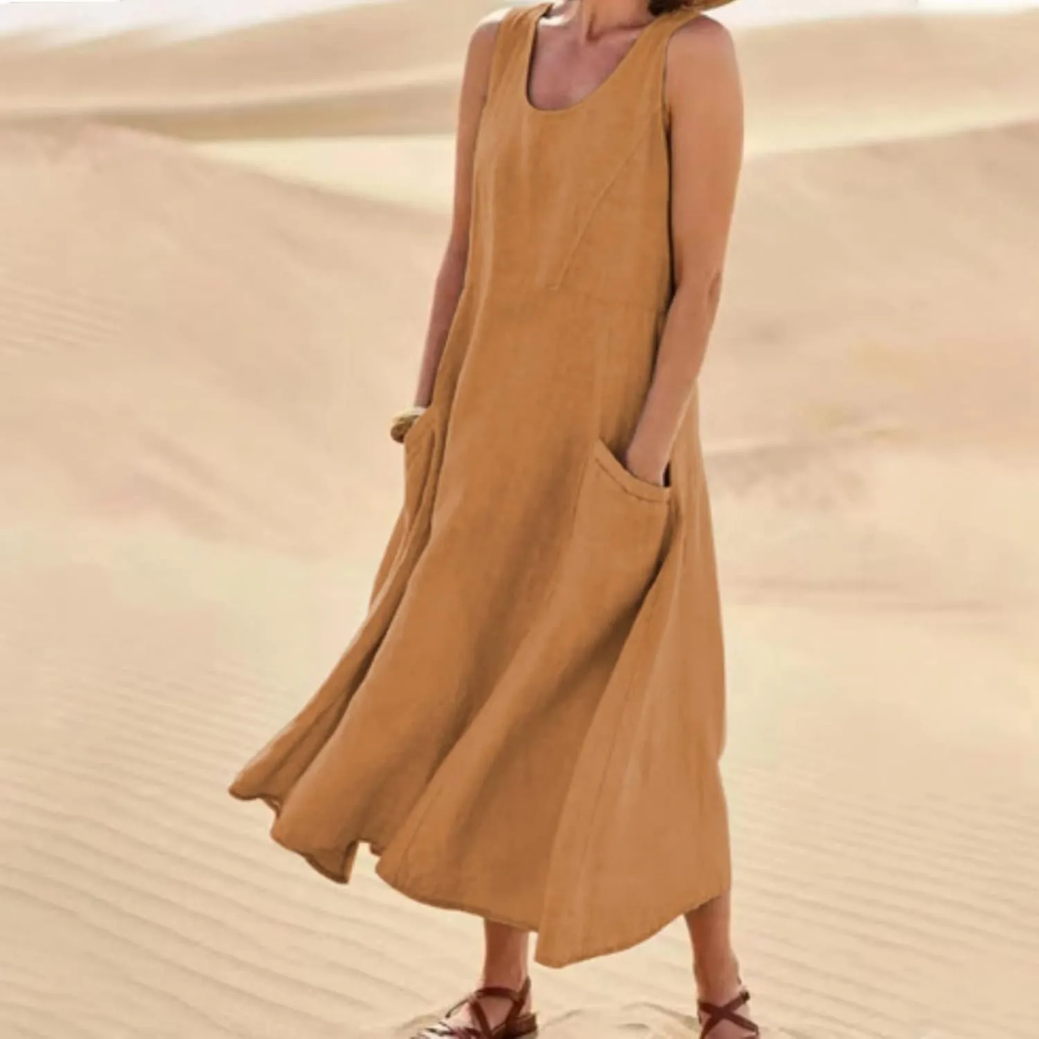 Women's Summer Cotton Linen Long Dress Sleeveless Elegant Flowy Dresses Plus Size Loose Comfy Dresses with Pockets