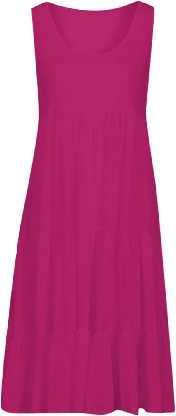 Womens Summer Dresses Casual Elegant Smocked Tiered Ruffle Beach Sundress Fashion Sleeveless Solid Tank Dress 2024