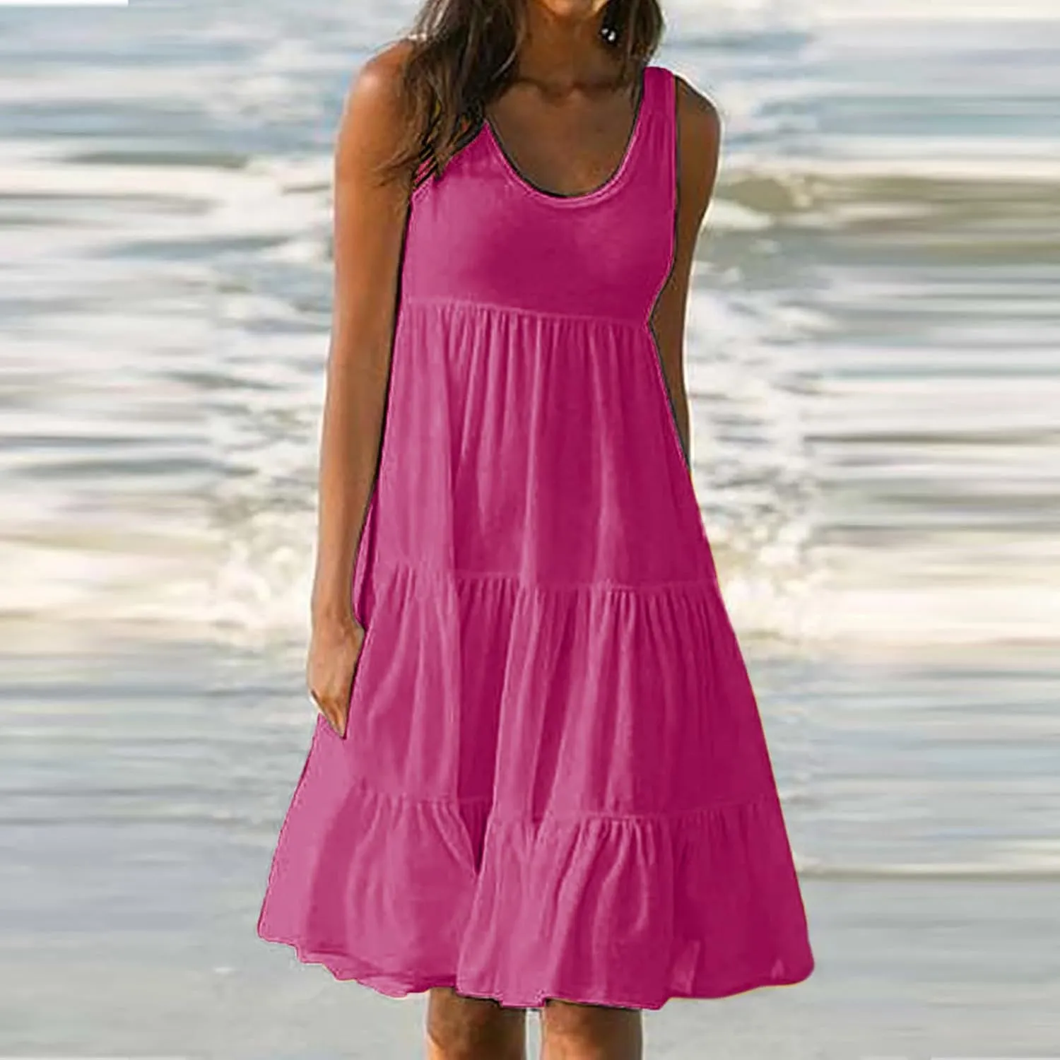 Womens Summer Dresses Casual Elegant Smocked Tiered Ruffle Beach Sundress Fashion Sleeveless Solid Tank Dress 2024