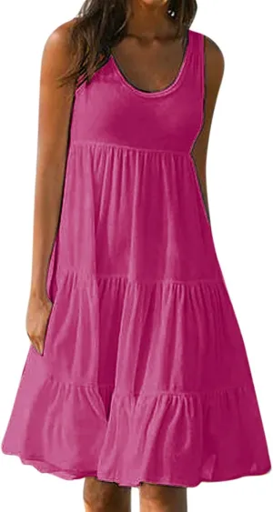 Womens Summer Dresses Casual Elegant Smocked Tiered Ruffle Beach Sundress Fashion Sleeveless Solid Tank Dress 2024