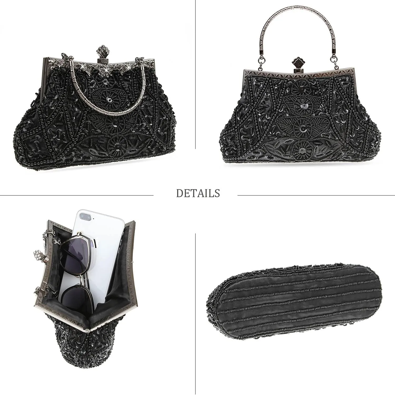 Womens Vintage Floral Beaded Rhinestone Embroidery Clutch Sequin Crossbody Bag Evening Handbag for Bridal Wedding Party Prom