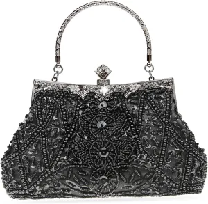 Womens Vintage Floral Beaded Rhinestone Embroidery Clutch Sequin Crossbody Bag Evening Handbag for Bridal Wedding Party Prom