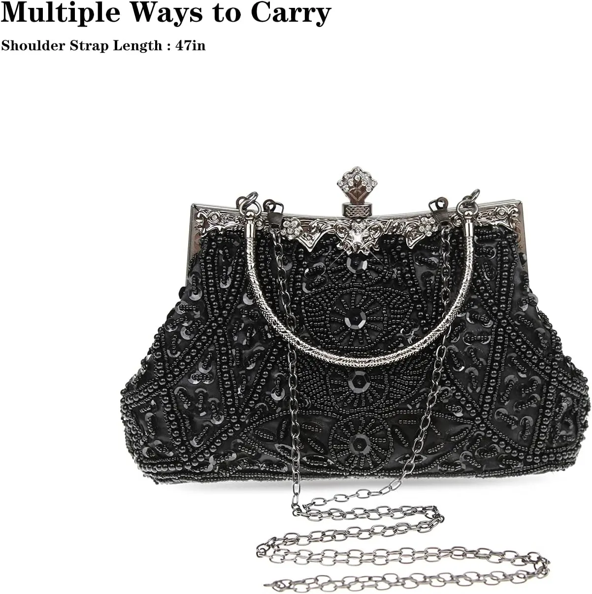 Womens Vintage Floral Beaded Rhinestone Embroidery Clutch Sequin Crossbody Bag Evening Handbag for Bridal Wedding Party Prom