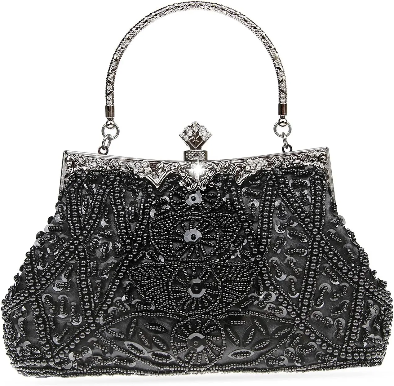 Womens Vintage Floral Beaded Rhinestone Embroidery Clutch Sequin Crossbody Bag Evening Handbag for Bridal Wedding Party Prom