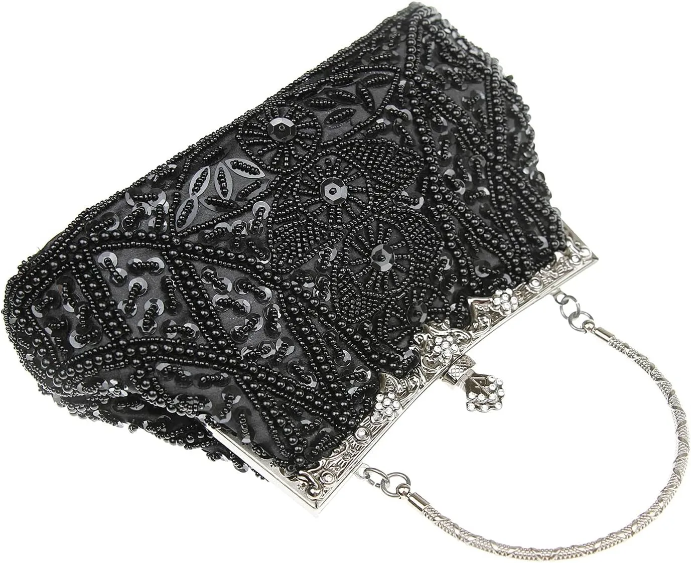 Womens Vintage Floral Beaded Rhinestone Embroidery Clutch Sequin Crossbody Bag Evening Handbag for Bridal Wedding Party Prom
