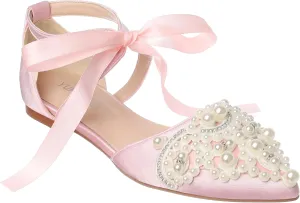 Women's Wedding Flat Pearl Rhinestone Pointed Toe Ivory Satin Ribbon Tie Bridal Shoes