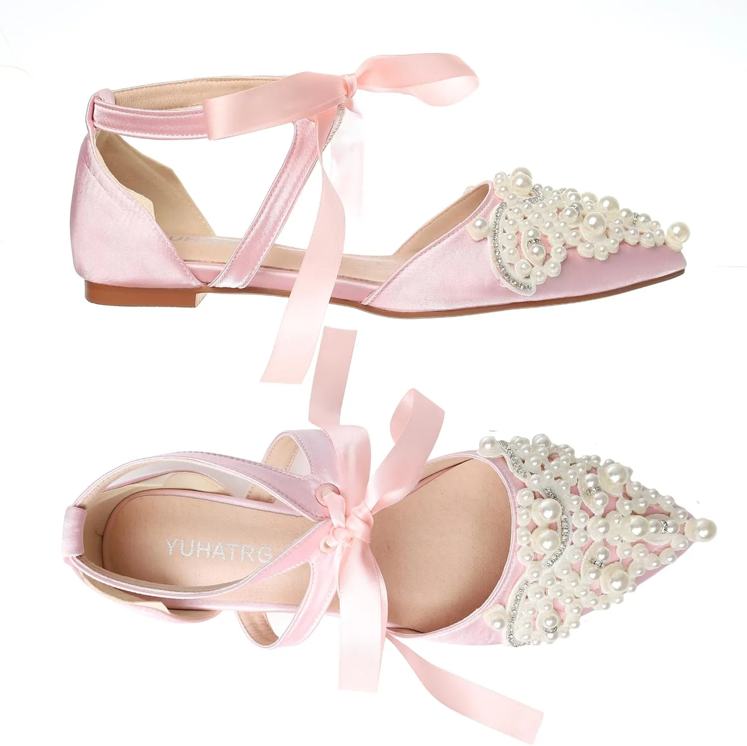 Women's Wedding Flat Pearl Rhinestone Pointed Toe Ivory Satin Ribbon Tie Bridal Shoes