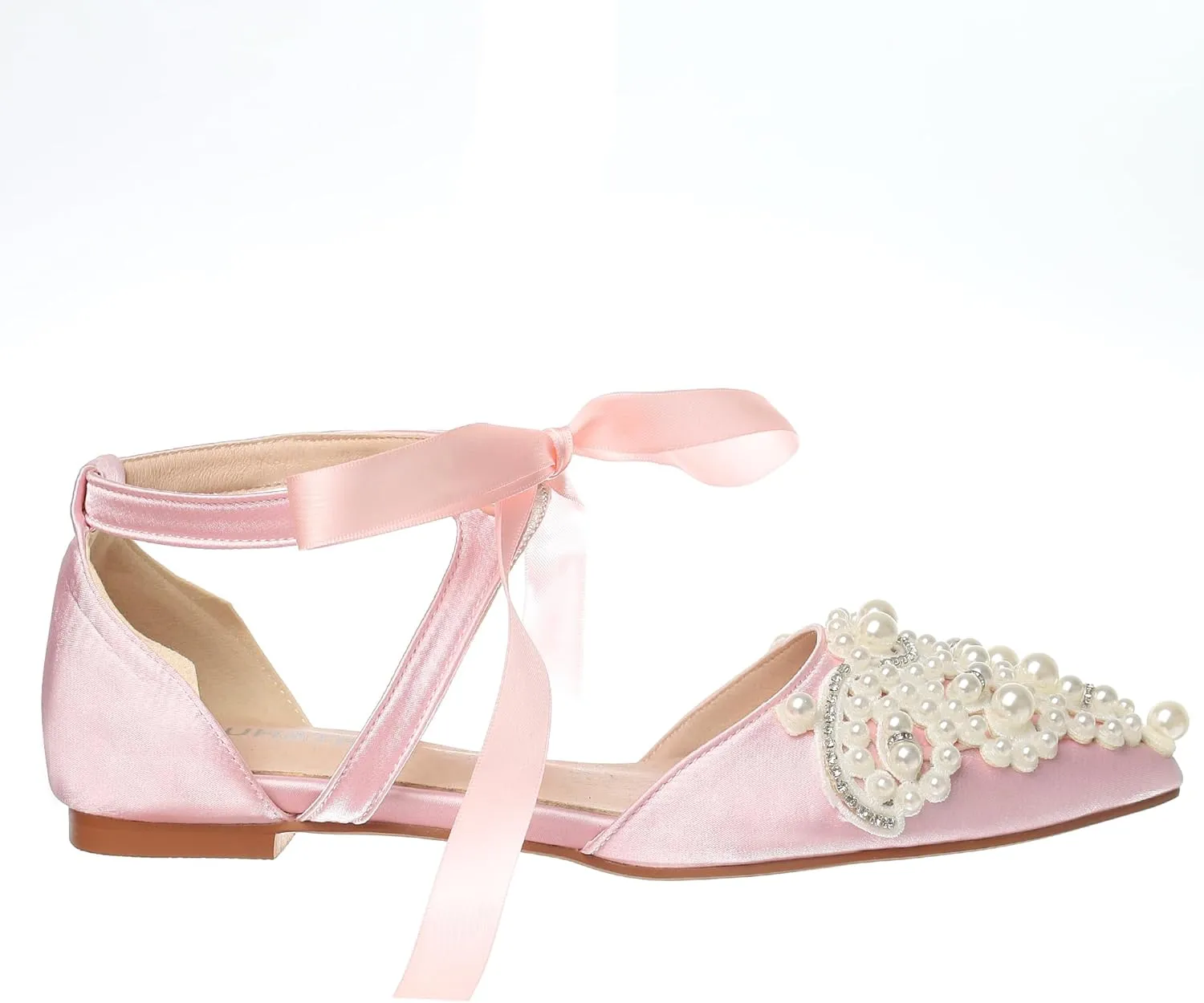 Women's Wedding Flat Pearl Rhinestone Pointed Toe Ivory Satin Ribbon Tie Bridal Shoes