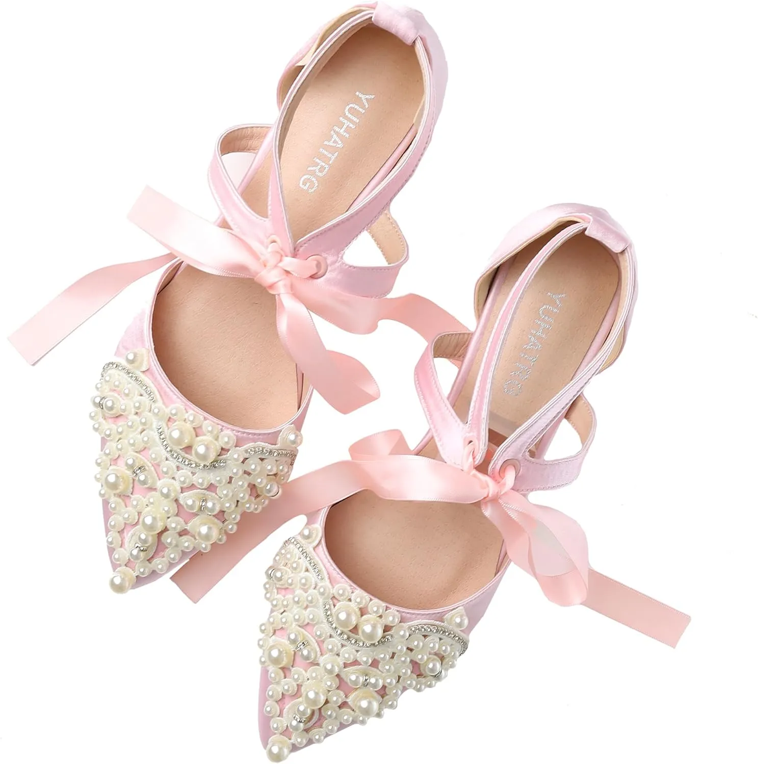 Women's Wedding Flat Pearl Rhinestone Pointed Toe Ivory Satin Ribbon Tie Bridal Shoes