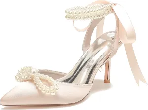 Women's Wedding Shoes Pearls Pointed Toe High Heels Ankle Strap Pumps Bridal Party Work Dress Shoes Sandals