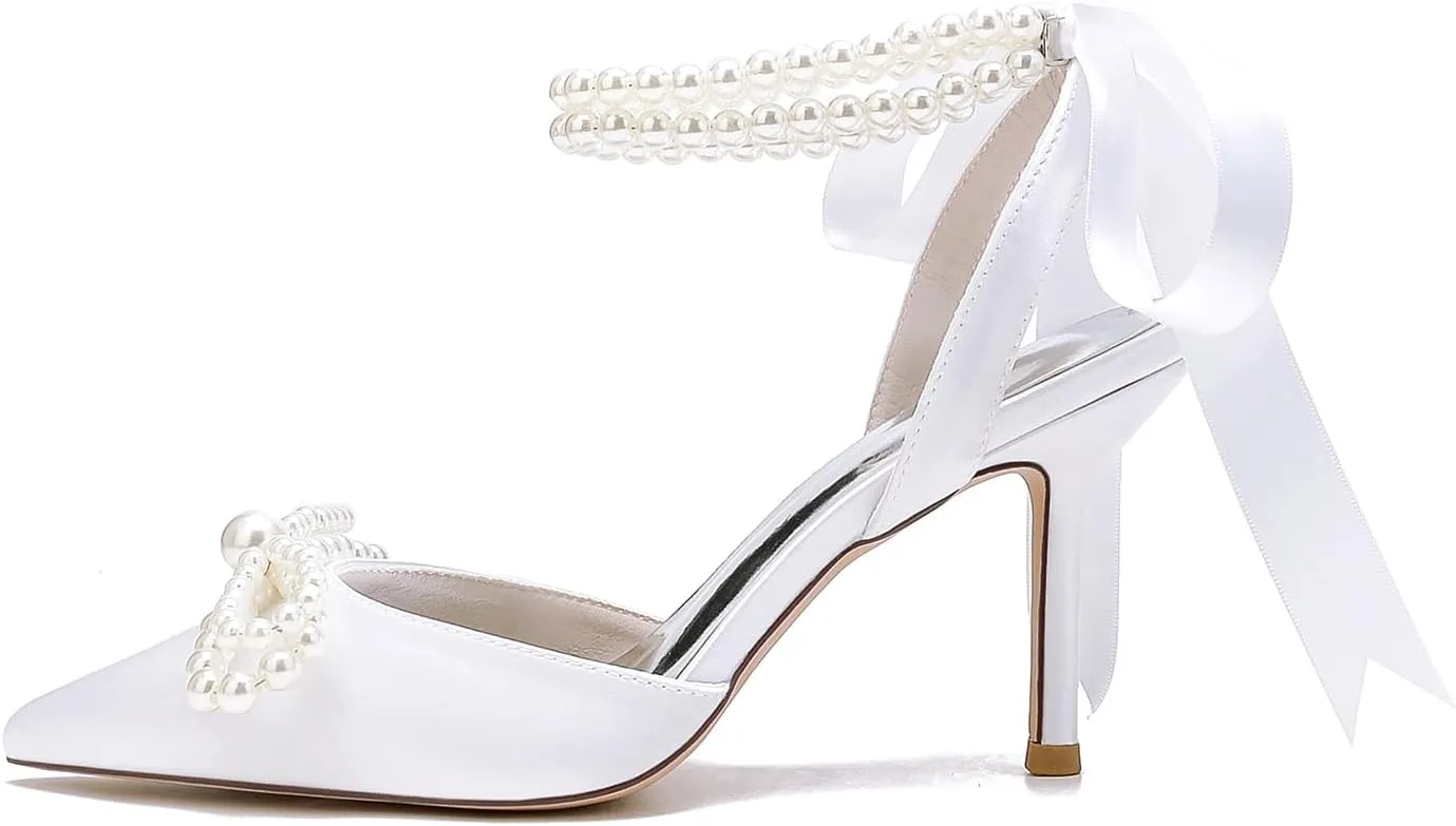 Women's Wedding Shoes Pearls Pointed Toe High Heels Ankle Strap Pumps Bridal Party Work Dress Shoes Sandals
